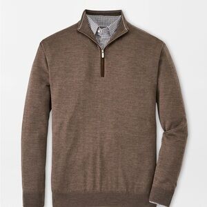 Peter Millar autumn crest suede trim quarter zip brown birch wool sweater XXL